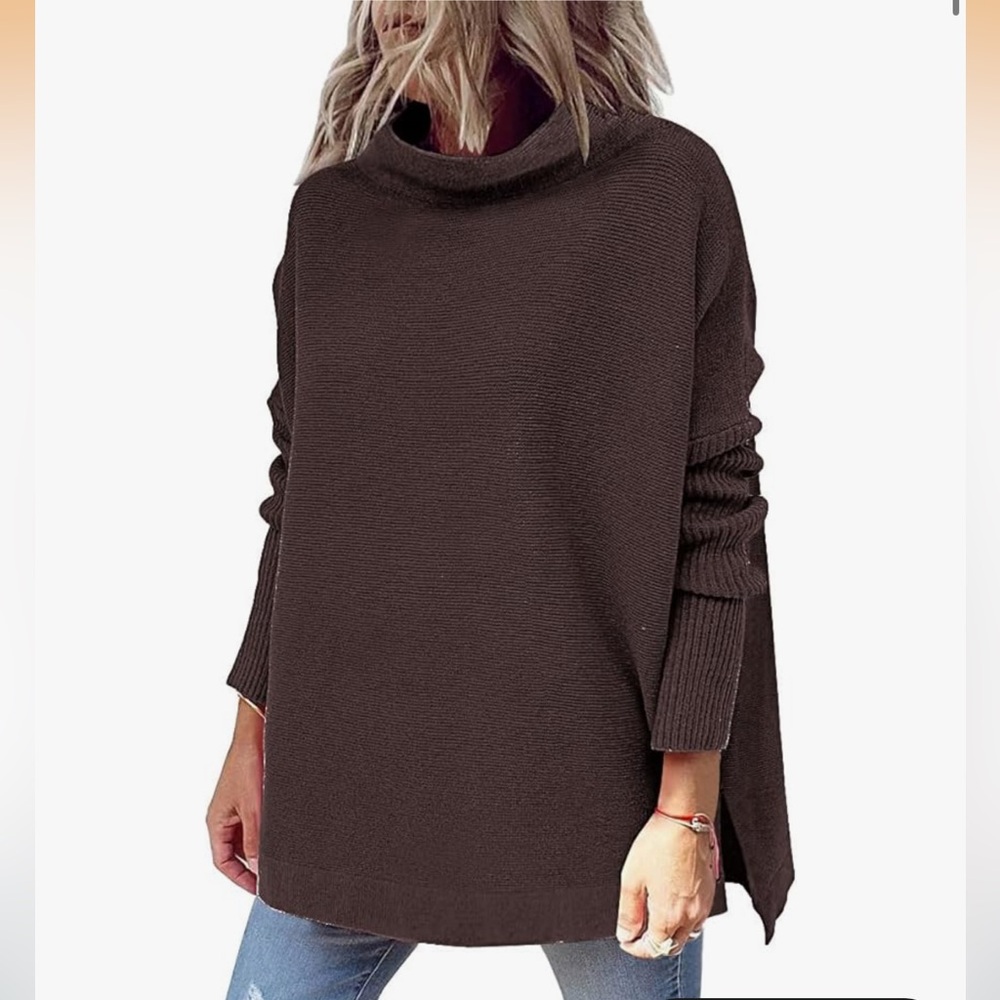 Chocolate Brown Oversized Chunky Knit Turtleneck Batwing Cowl Neck Sweater XS